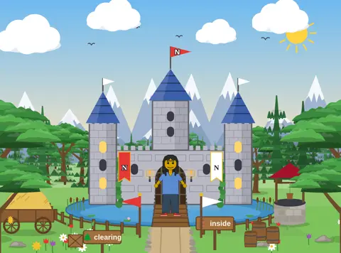 The friend standing on the drawbridge of a castle, with towers, flags, a moat, trees and mountains.