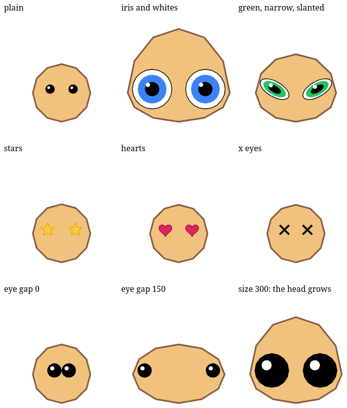 Nine heads from the Eyes slide: plain eyes; big eyes with blue irises and whites, the head grown wide to hold them; narrow slanted green eyes; star, heart and x eyes; plain eyes with no gap between them; plain eyes far apart, the head widened; very big eyes, the head grown taller and wider.