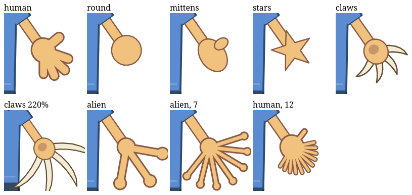 Human, round, mittens, star, claw, long claw, alien, seven-fingered alien and twelve-fingered human hands.