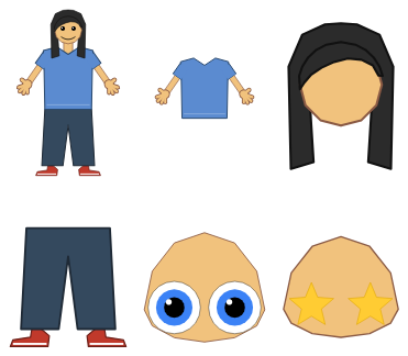 Pictures from the Livelit Playground slides: a whole figure, a torso with hands, hair, pants and shoes, and two heads grown wide for big eyes.