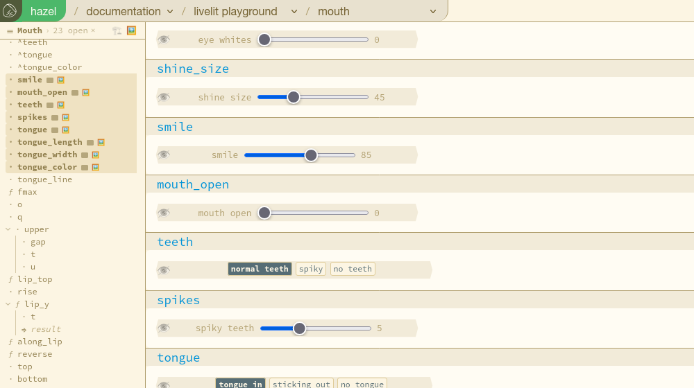The Mouth slide in UX mode: the outline's header with the dev and UX switch, GUI rows with chips, and a stack of slider and choice cells.