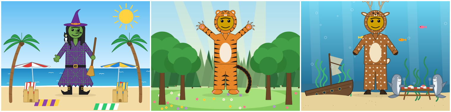 Three scenes: a green witch with a hooked nose, a tuxedo cat on her shoulder and a broom, on a beach with palms and sand castles; a tiger costume with wrapped stripes in a forest meadow under sunshafts; a deer costume under water beside a shipwreck and two sharks at a picnic table, forks in their fins.
