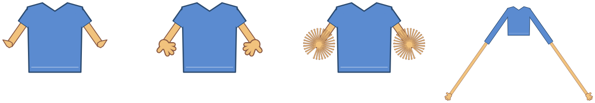 The Hands slide: a one-point star, human hands turned 90°, alien hands with 30 fingers turned 180°, and arms 600 long.
