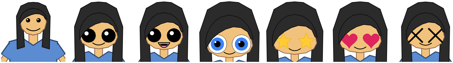 Full Body slide heads: the default; plain eyes at 300 with a smile, then open; iris and whites; star eyes; heart eyes; X eyes. The mouth sits below the eyes in each.