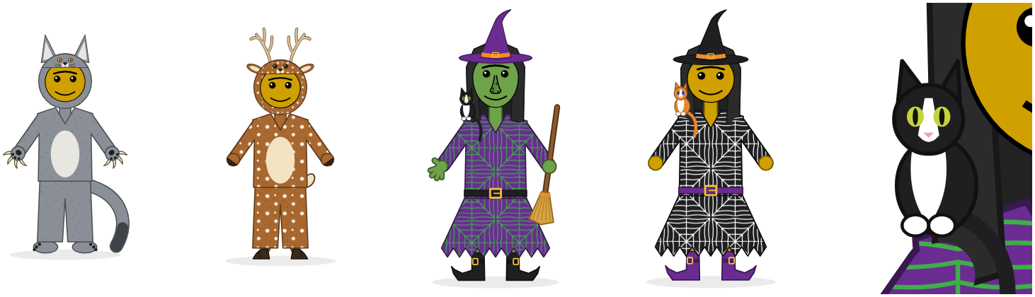A wolf suit, a deer suit, a green witch with a hooked nose, a tuxedo cat and a broom, a witch in black with a white web and an orange cat, and a close-up of the tuxedo cat.