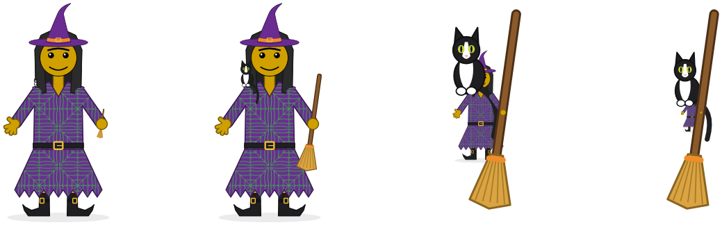 The witch's cat and broom at 30%, 100%, 500% and 1000%, the picture growing to hold them.