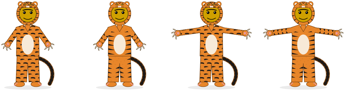 The tiger costume before and after, arms down and arms out: tiled stripes, then stripes that come in from each part's edges.