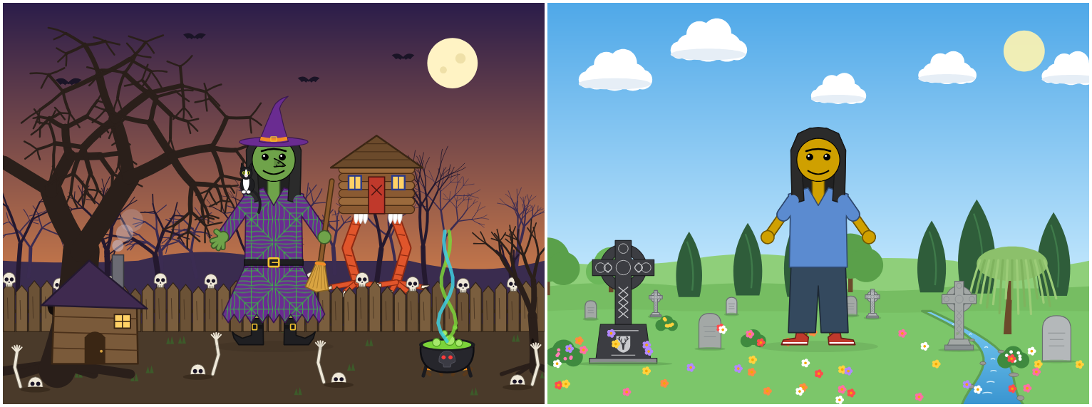 The witch with her cat and broom in the witch's woods: a hut on giant chicken legs behind a skull-topped palisade, her cabin, a bubbling cauldron, skeletons in the ground, a giant dead tree, a moon and bats. Then the default figure in a peaceful cemetery: Celtic crosses, a dark stag stone, yews, a willow by a brook, flowers and clouds.