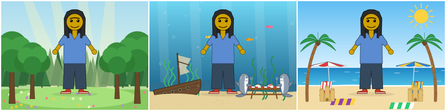 The default figure in the forest, under water with two sharks facing their picnic table, forks in their fins, and at the beach.