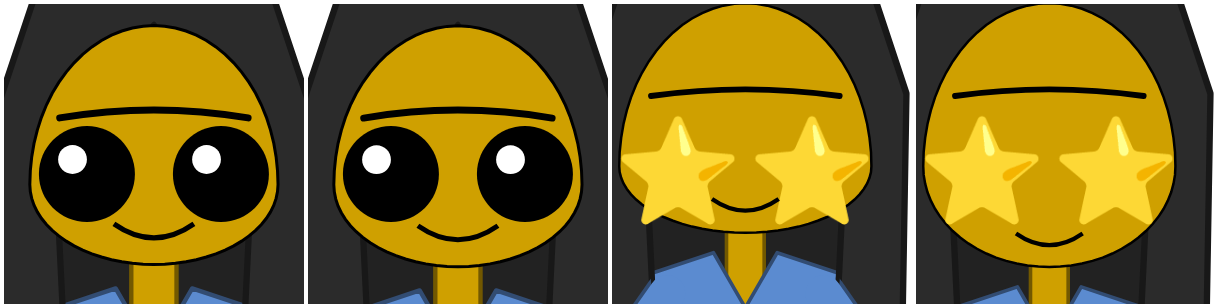 A face with very big plain eyes, before and after (the smile moves below them); a face with big star eyes, before and after.