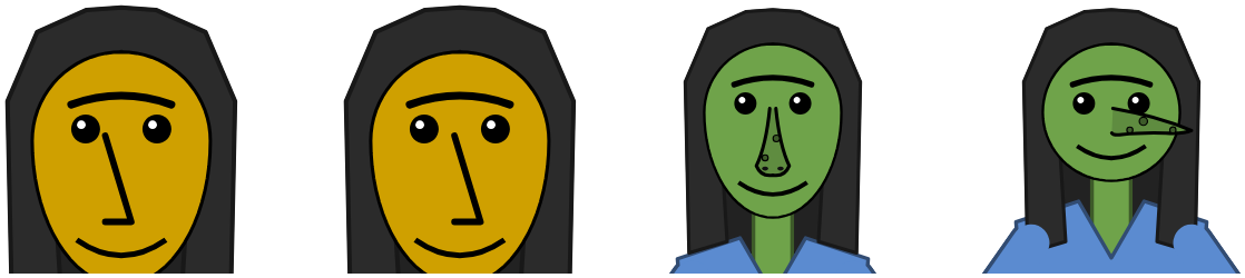 A wide backwards-L nose before (its top under the left eye) and after (its top between the eyes); a long witch nose pointing straight out, and one pointing right, both on green skin.