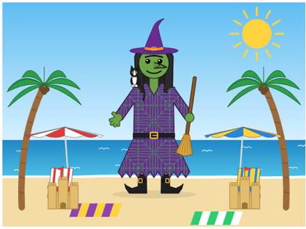 A green witch with a hooked nose, a tuxedo cat on her shoulder and a broom, on a beach with palms, umbrellas and sand castles.