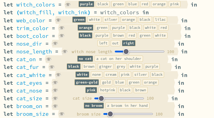 The witch's controls after: every button a single word on one line, and the cat and broom toggles and size sliders below.