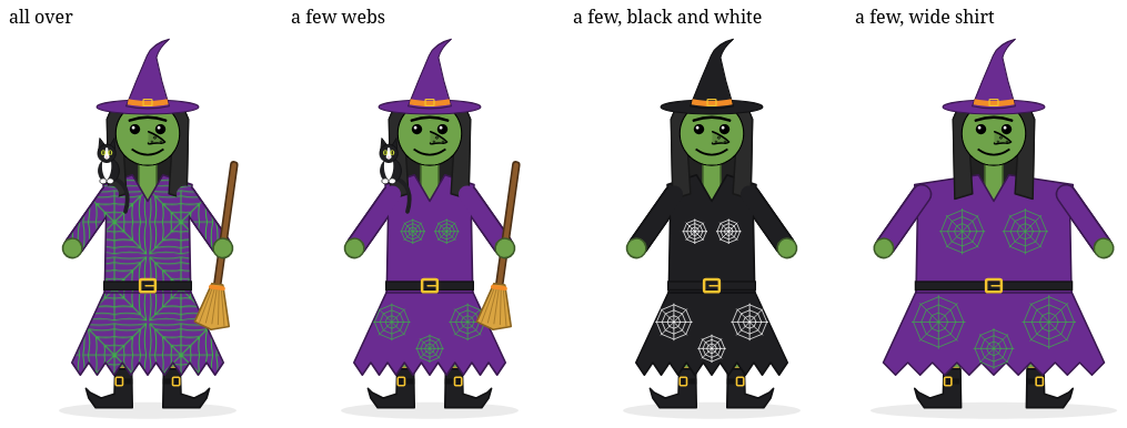 The game's witch four ways: her web all over the dress; a few webs; a few white webs on a black dress; a few webs on a wider dress, the webs grown to fit.