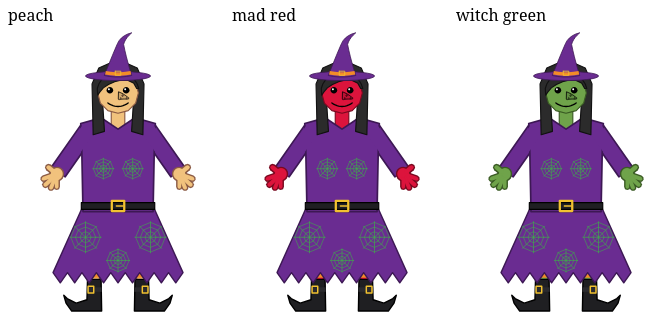 The witch in peach, mad red and witch green skin.