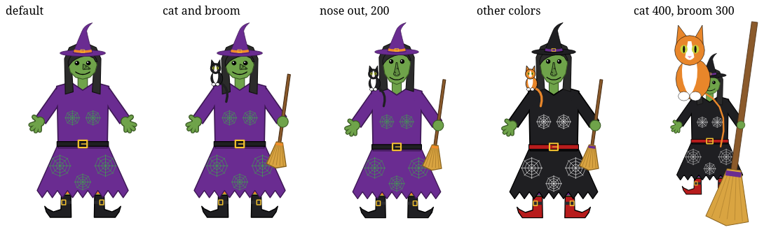The Witch slide's picture five ways: the default purple witch with green skin and a hooked nose; with a tuxedo cat on her shoulder and a broom in her hand; her nose pointing straight out at twice its length; in black with white webs, purple trim, red boots and a ginger cat; and with the cat at 400% and the broom at 300%.