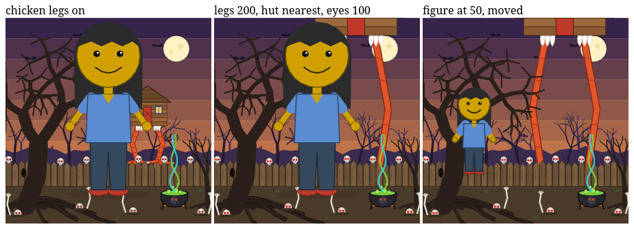 The woods three ways: the hut on chicken legs behind the fence; the legs at 200% and the hut as near as it comes, its top flattened against the top of the stage, the skulls' eyes bigger; and the doll at half size, moved left and up.