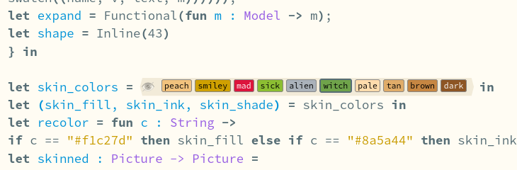The skin_colors line in the editor: ten small buttons, each in its own skin color, labelled peach, smiley, mad, sick, alien, witch, pale, tan, brown and dark; witch is outlined.