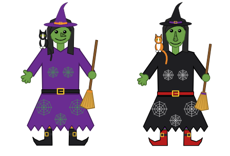 Two witches from the Hazel Witch slide: one in purple with a tuxedo cat on her shoulder and a broom, one in black with white webs, red boots and a ginger cat.